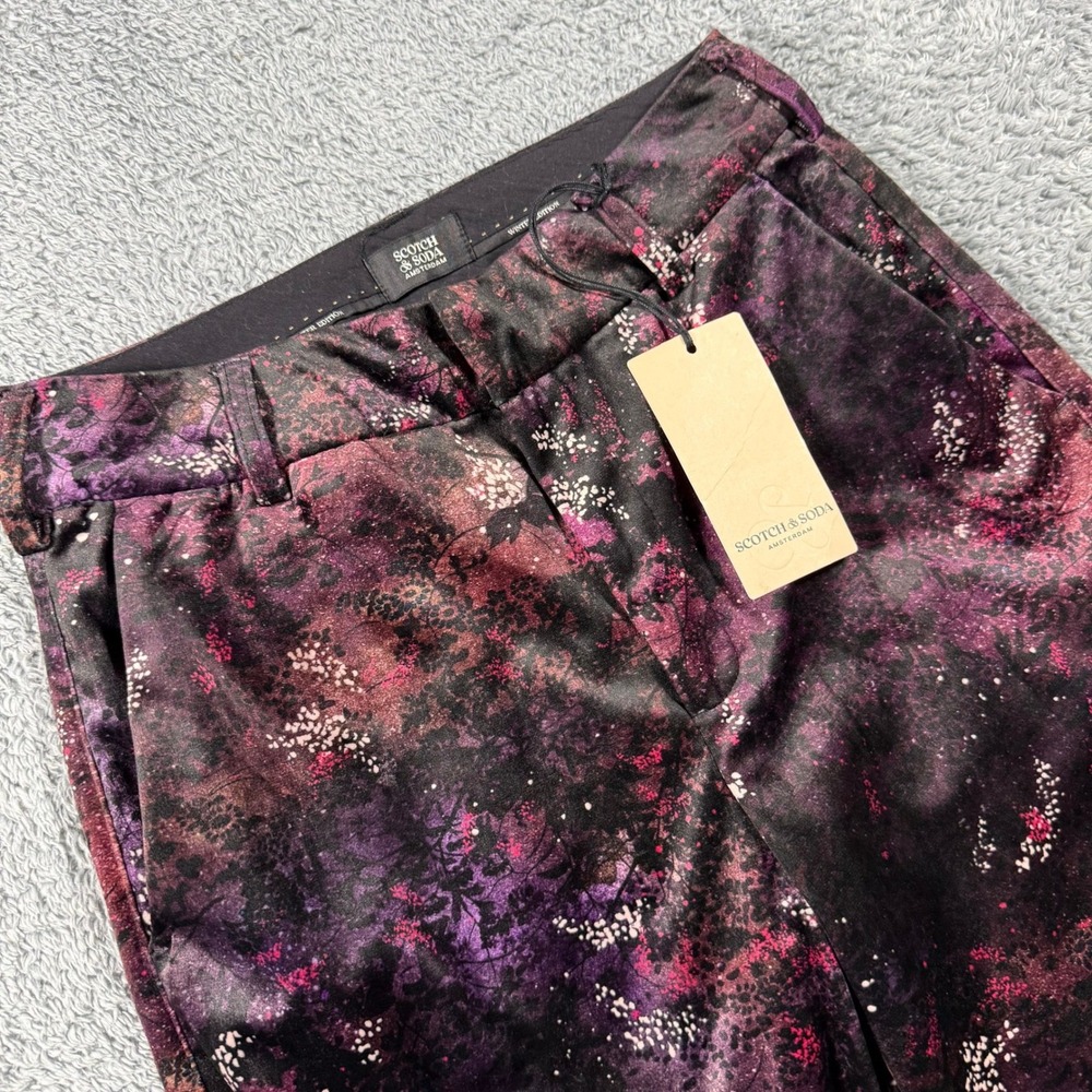 NWT Scotch & Soda Pants Womens 26/32 Purple Galaxy Wide Leg Flare Floral Bold - Picture 1 of 10